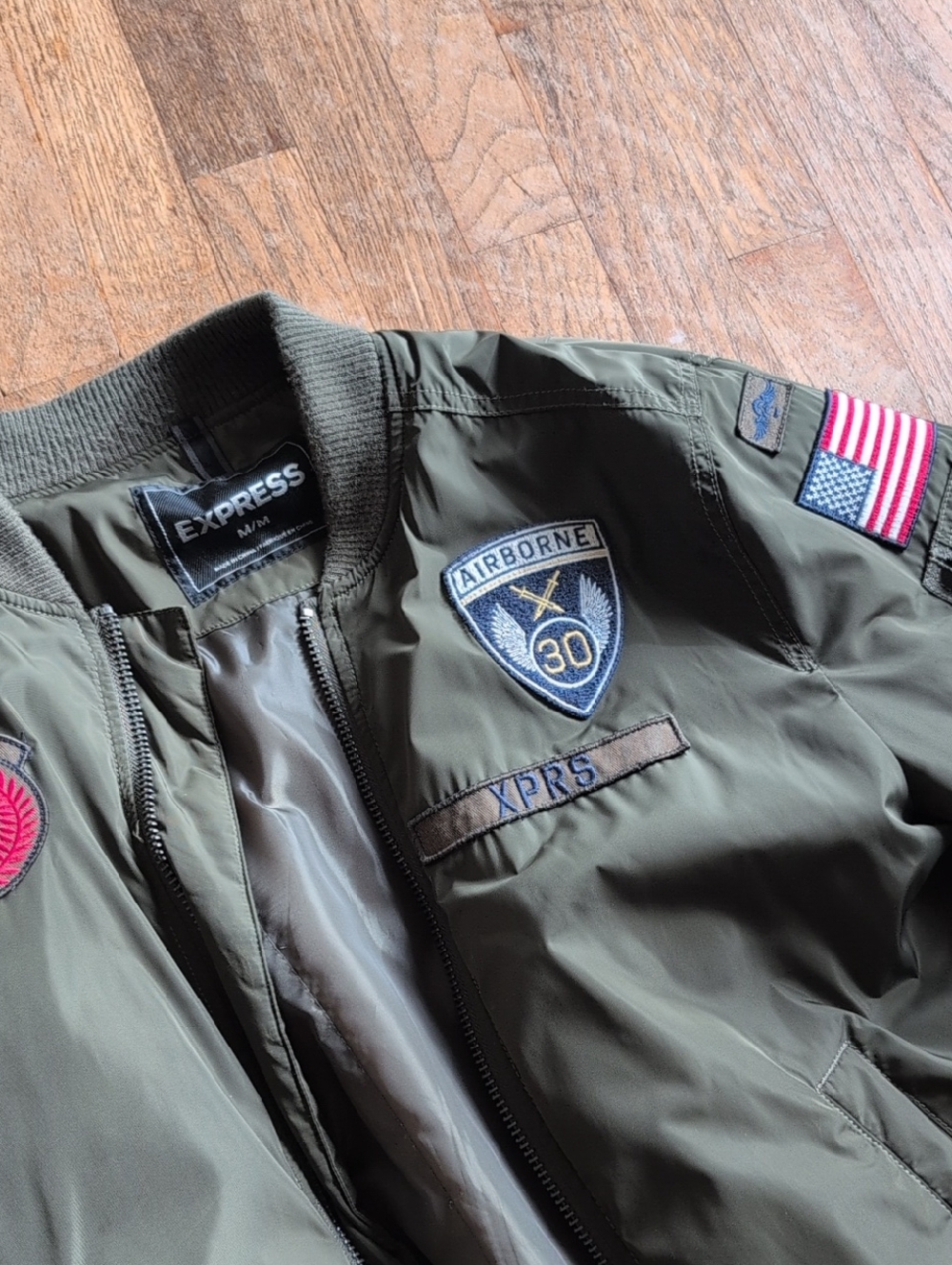Express Olive Green Bomber Jacket with Patch Details